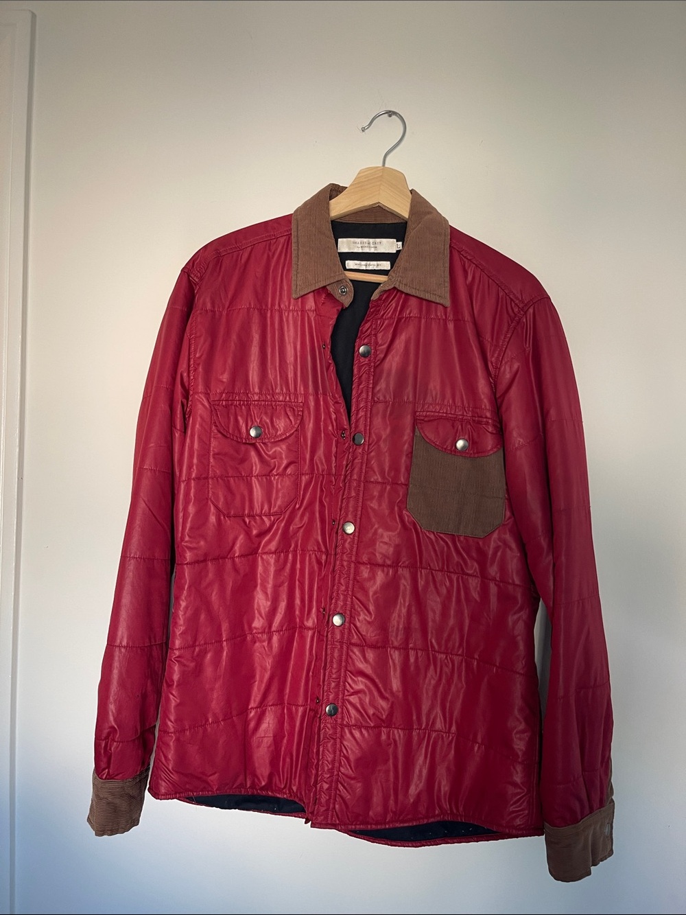 SHADES OF GREY BY MICAH COHEN Quilted Red Jacket with Brown Corduroy Trim